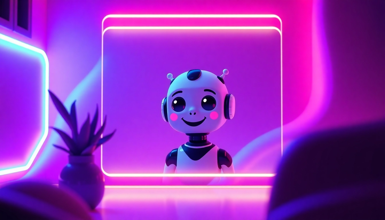 A futuristic AI chatroom with a seductive chatbot avatar illuminated by neon lights.