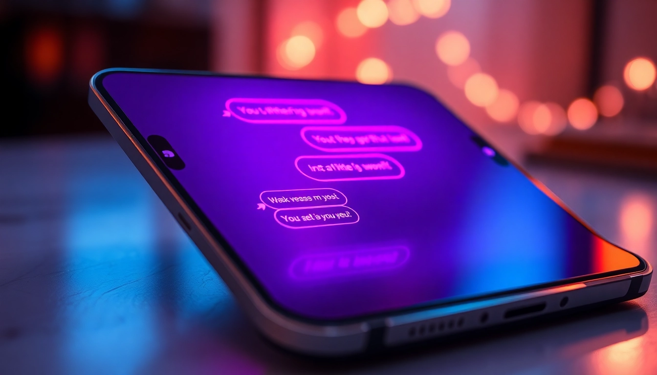 Close-up of a digital device displaying an intimate AI chat interface with vibrant neon colors.