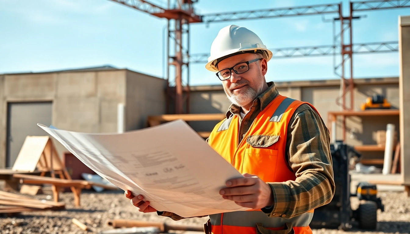 Experienced contractor reviewing construction plans on-site, ensuring project accuracy and quality.
