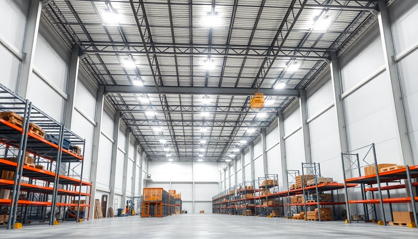 Moderne Industriehalle mit LED-Beleuchtung, helle und gleichmäßige Ausleuchtung, Hochregale und saubere Böden