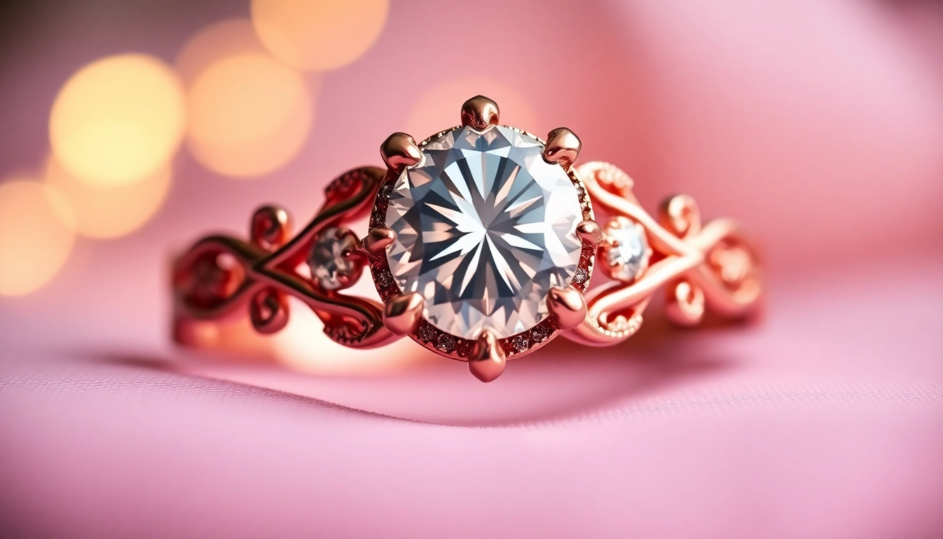 Elegant red gold engagement ring featuring a sparkling center diamond, highlighting warmth and luxury.