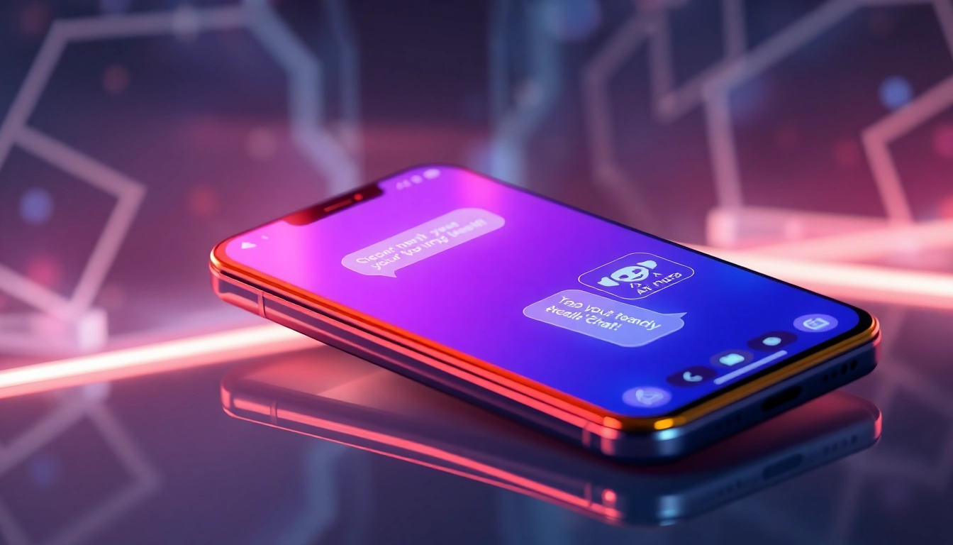 Smartphone with a glowing chat interface showing a customizable AI character in a futuristic, inviting setting.