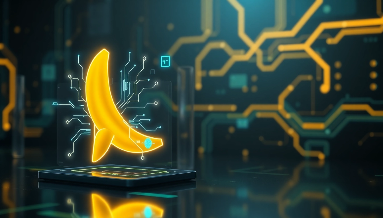 Futuristic AI interface with a glowing banana icon and digital data streams in a high-tech environment.