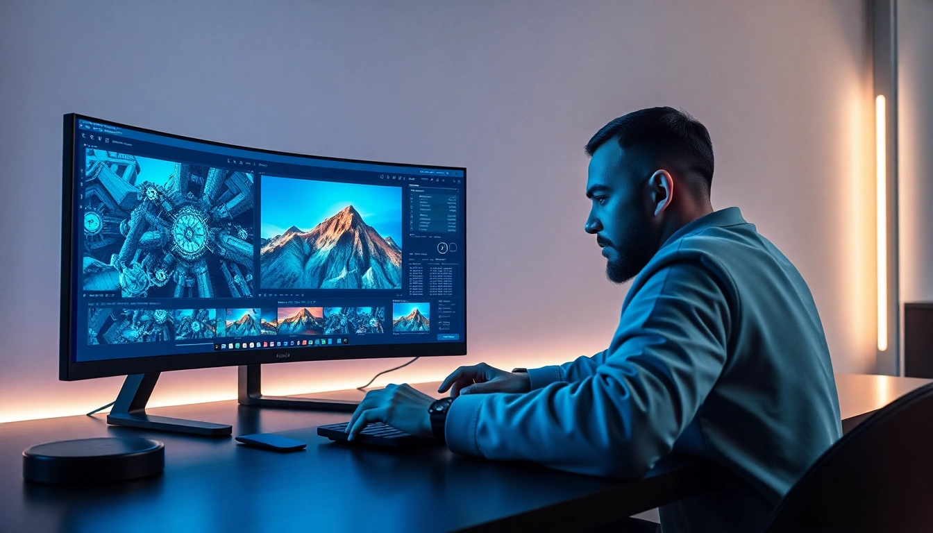 Futuristic digital workspace showcasing advanced image editing with vibrant visuals and high-tech elements.