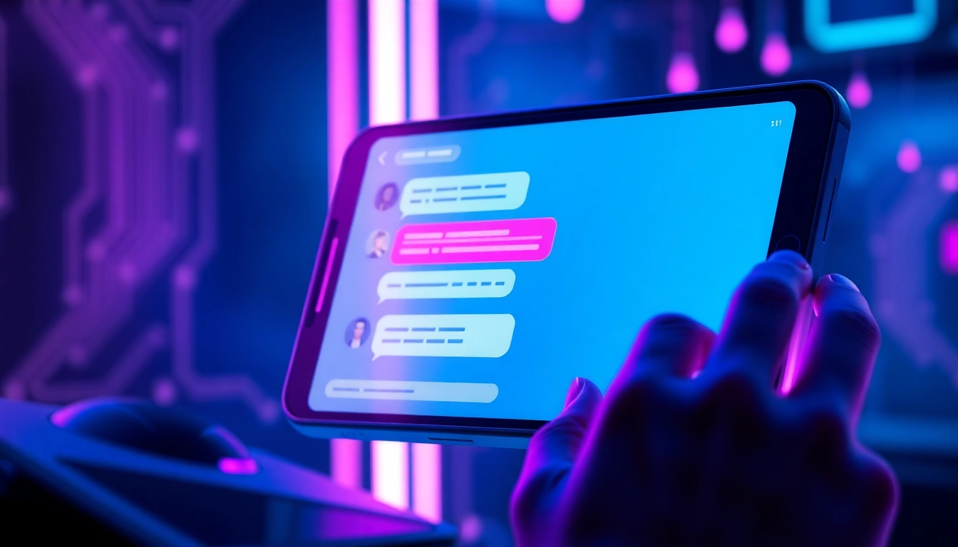 Futuristic AI chatbot interface on a modern device with neon colors and digital environment