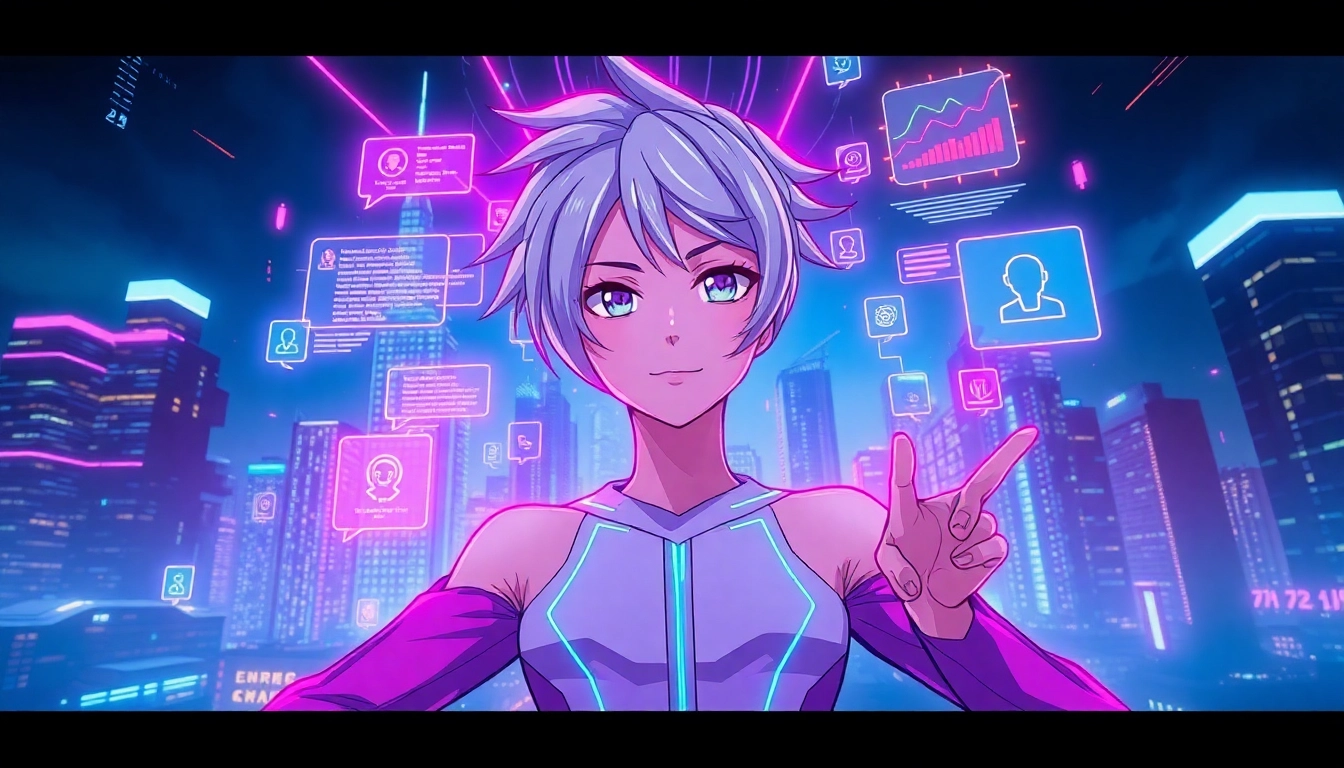 Anime-inspired character in a neon-lit digital cityscape, representing AI chat technology