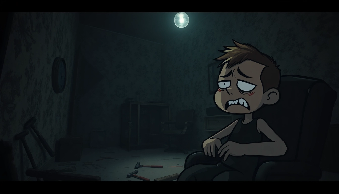 A distressed cartoon character named Harvey suffering in a dark, gritty room with tools and shadows, reflecting a psychological horror atmosphere.