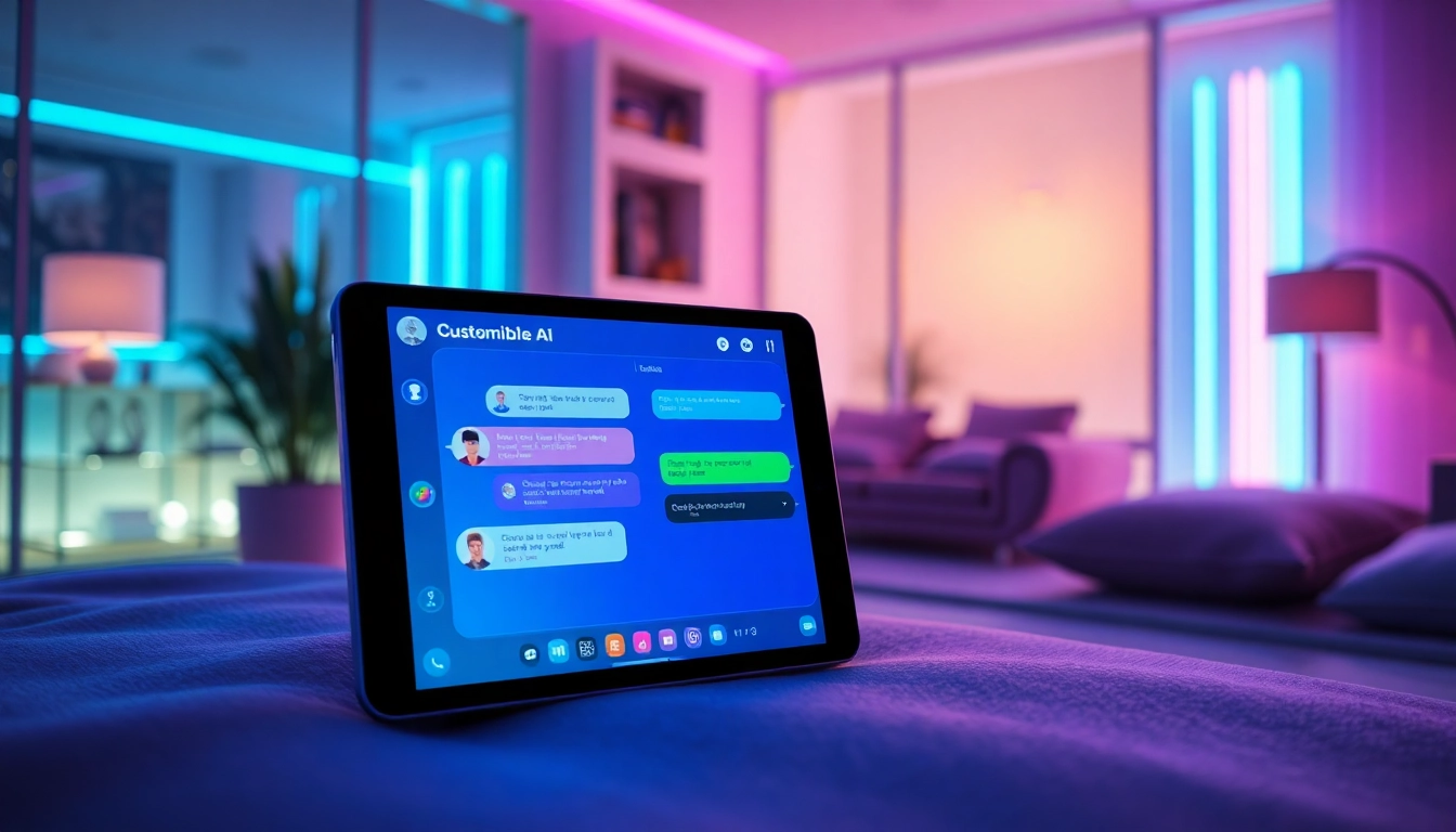 Futuristic digital chat scene with AI character interaction in a modern, neon-lit room.