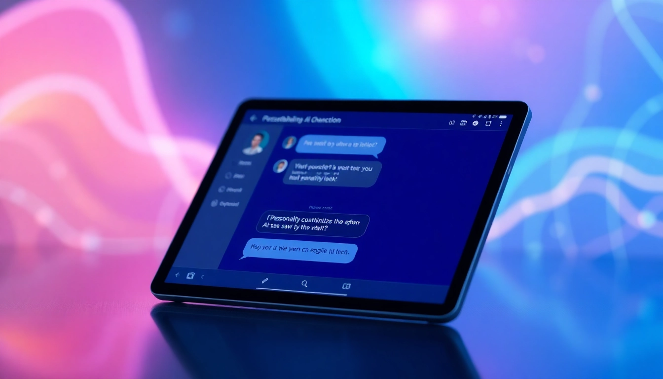 Futuristic digital chat interface on a tablet with AI conversation themes in a glowing abstract background.