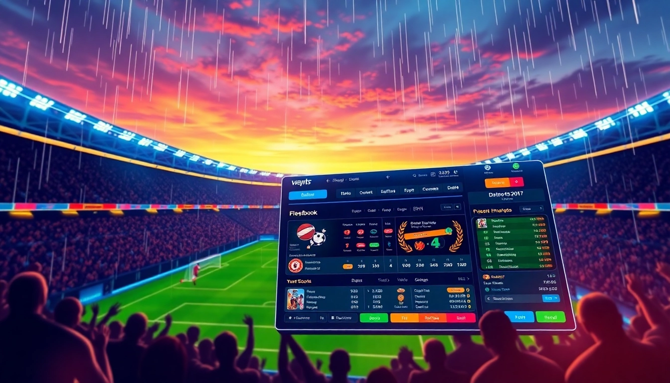Digital illustration of an online sports betting platform with vibrant neon accents and a sports stadium background under rainy skies.