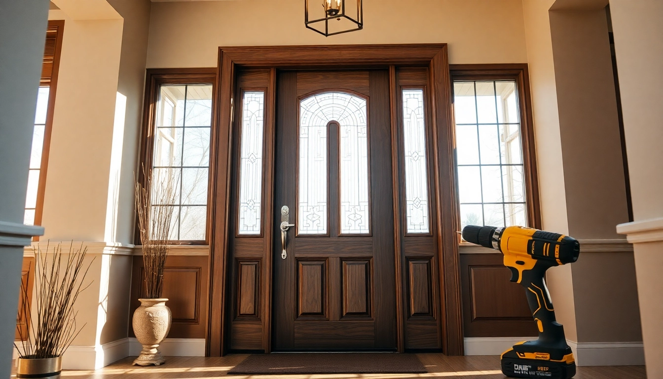 front door replacement: Contractor installs a premium entry door in a sunlit foyer.