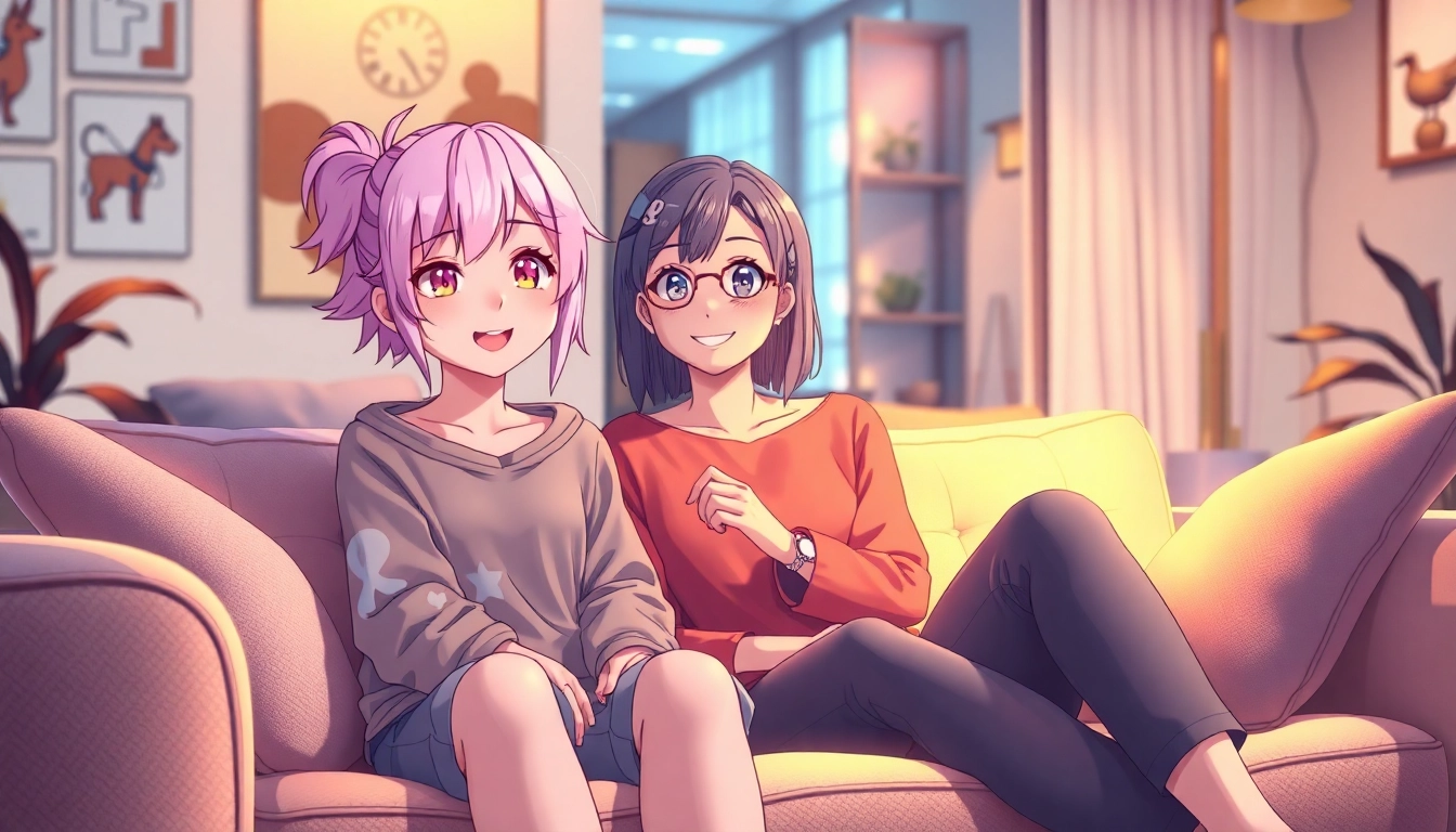 Two anime-style characters in a cozy, warmly lit room, one playful femboy and a caring mom figure, creating an inviting, intimate scene.