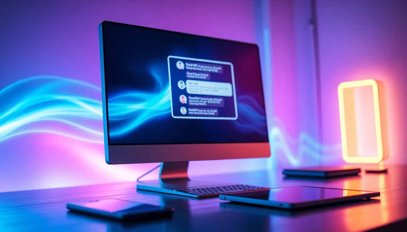 Close-up of a digital chat interface on various devices highlighting AI conversation features with vibrant neon lighting.