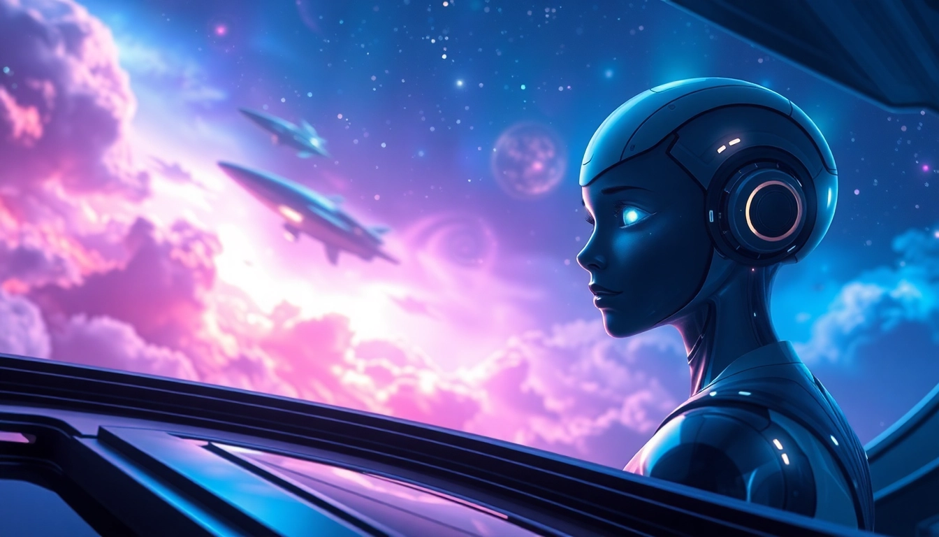 Futuristic space scene with an AI character overlooking a colorful nebula and spaceship