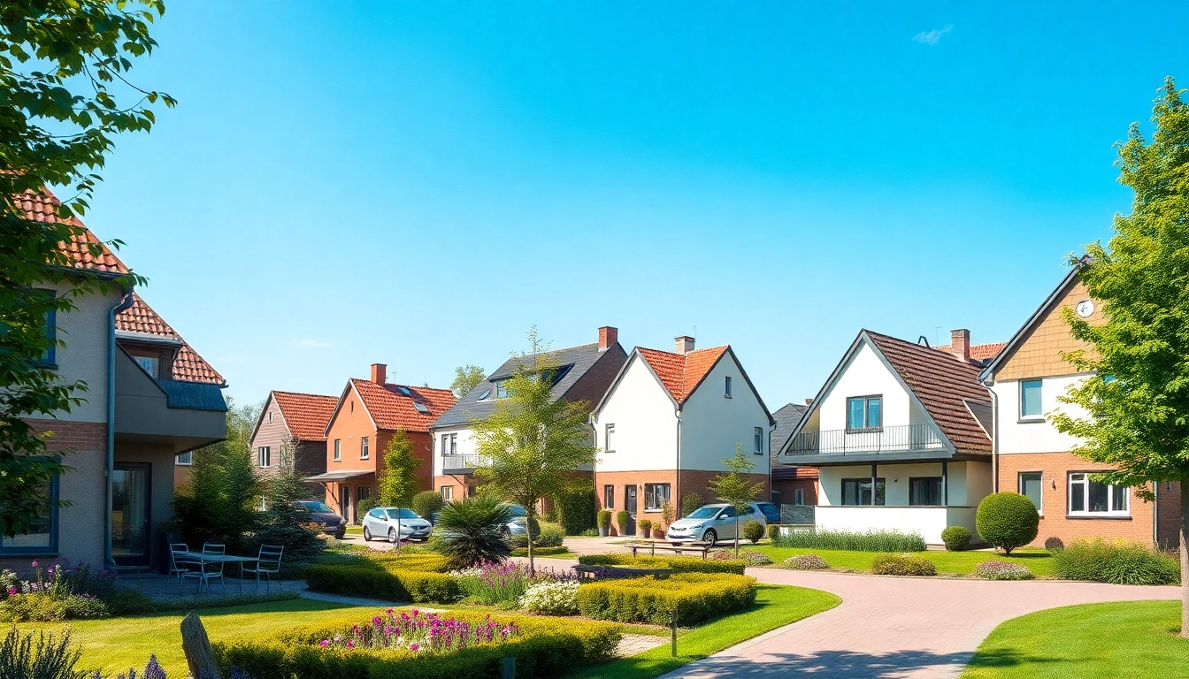 Immobilien Grevenbroich: Modern homes with gardens in a vibrant neighborhood, inviting and professional.