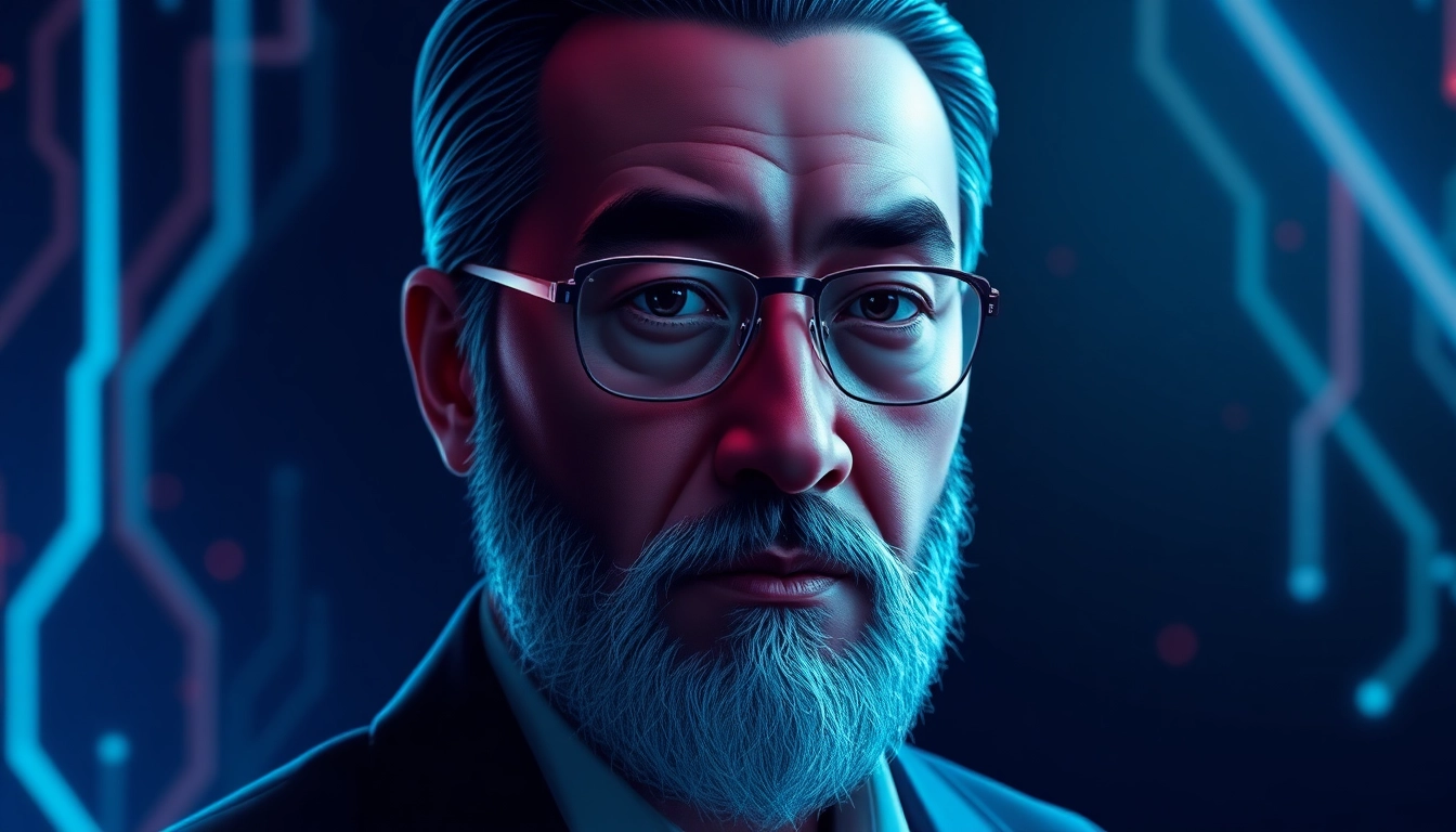Satoshi Nakamoto depicted as a mysterious figure surrounded by blockchain symbols, exuding innovation and secrecy.