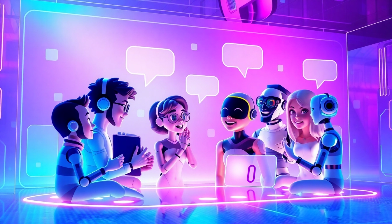 Futuristic digital scene of animated AI characters engaging in lively chat within a high-tech interface.