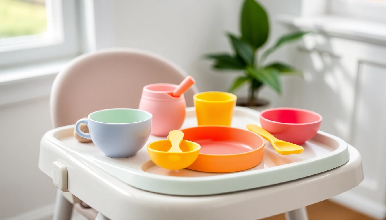 Young mother feeding her baby with safe silicone baby tableware in vibrant colors for safe