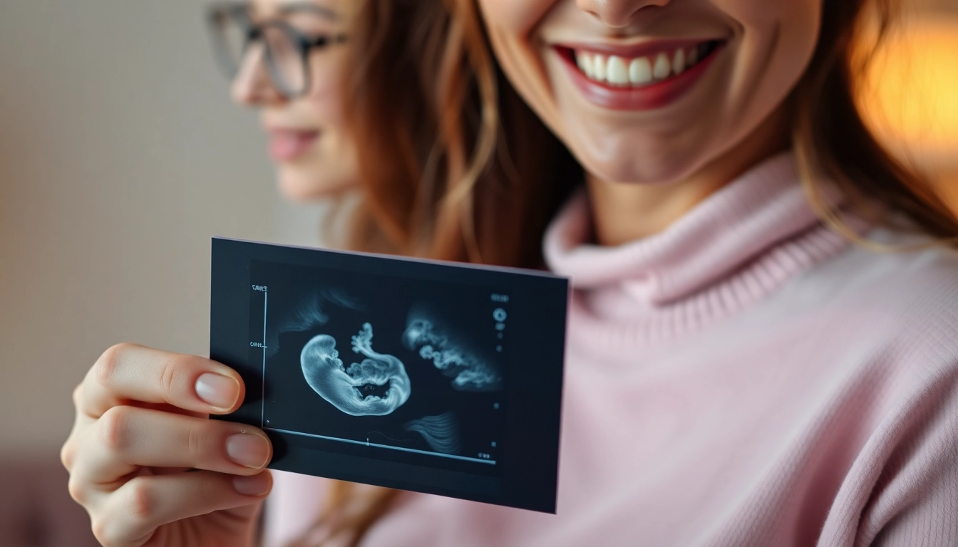 Happy woman holding ultrasound scan symbolizing ovodonazione and fertility success, hopeful and