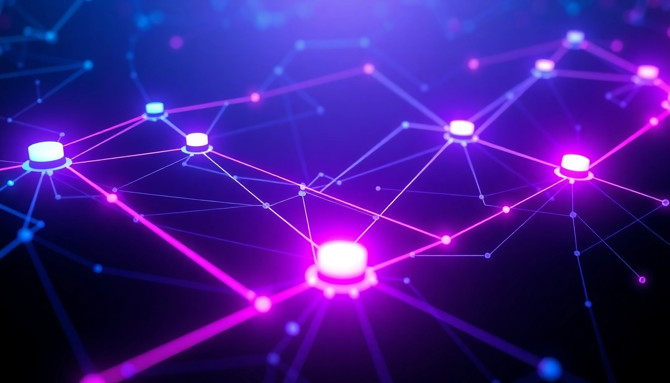In the NFT Technology Guide, visualize blockchain network with glowing nodes representing