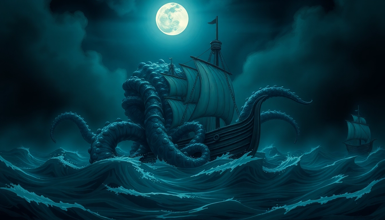 Historical depiction of a kraken with a giant squid attacking a ship in stormy seas for ocean