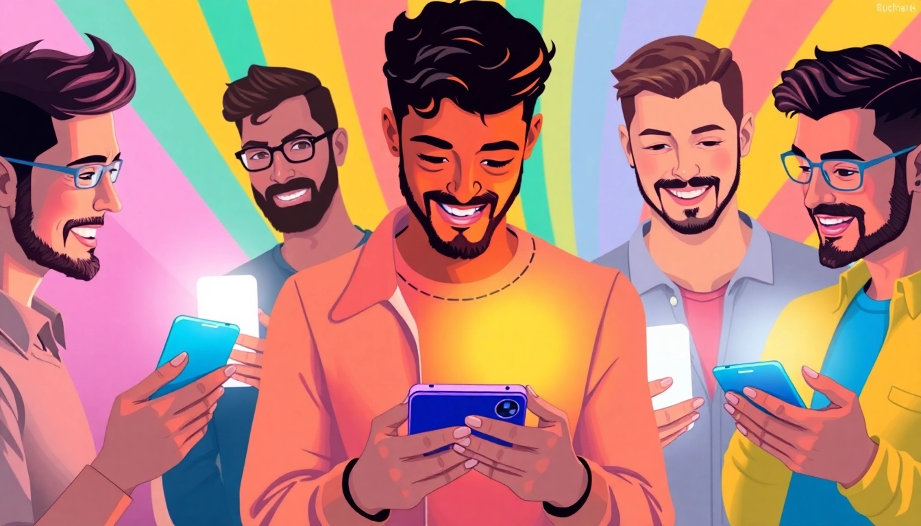 Engaging gay chat platform with diverse users connecting via smartphones in a colorful, modern