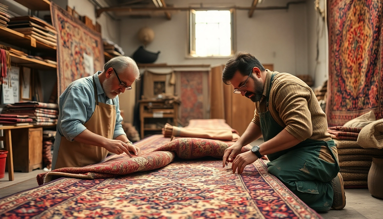 Professional team performing Restauro Tappeti milano, restoring intricate antique rugs with