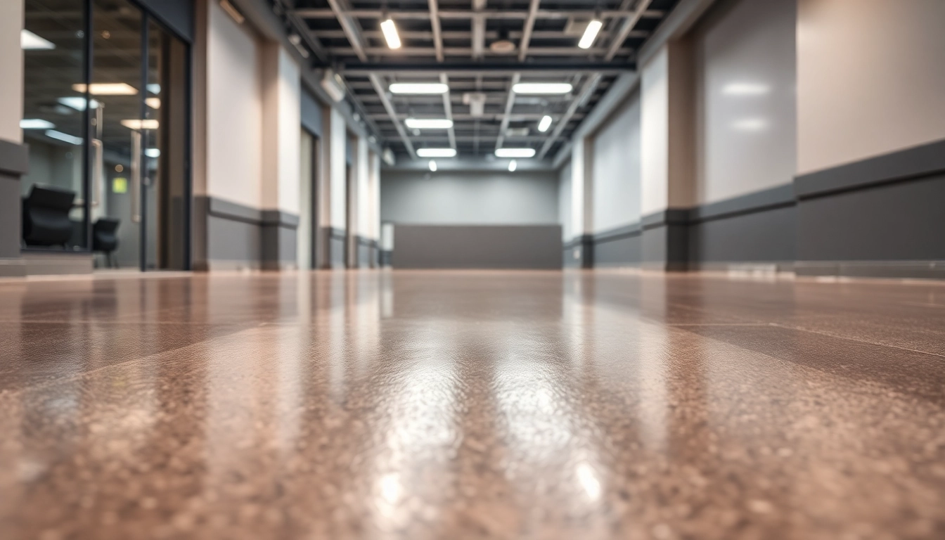 Professional team applying epoxy resin floor coating in a commercial space to ensure durability