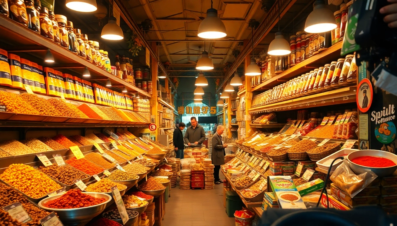 Wholesalers sourcing vibrant spices and food products at a busy market for bulk purchase efficiency