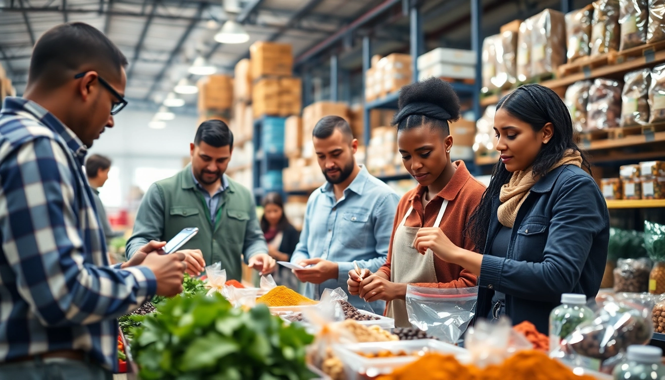 Wholesalers reviewing assorted spices and packaged foods in a well-organized warehouse environment