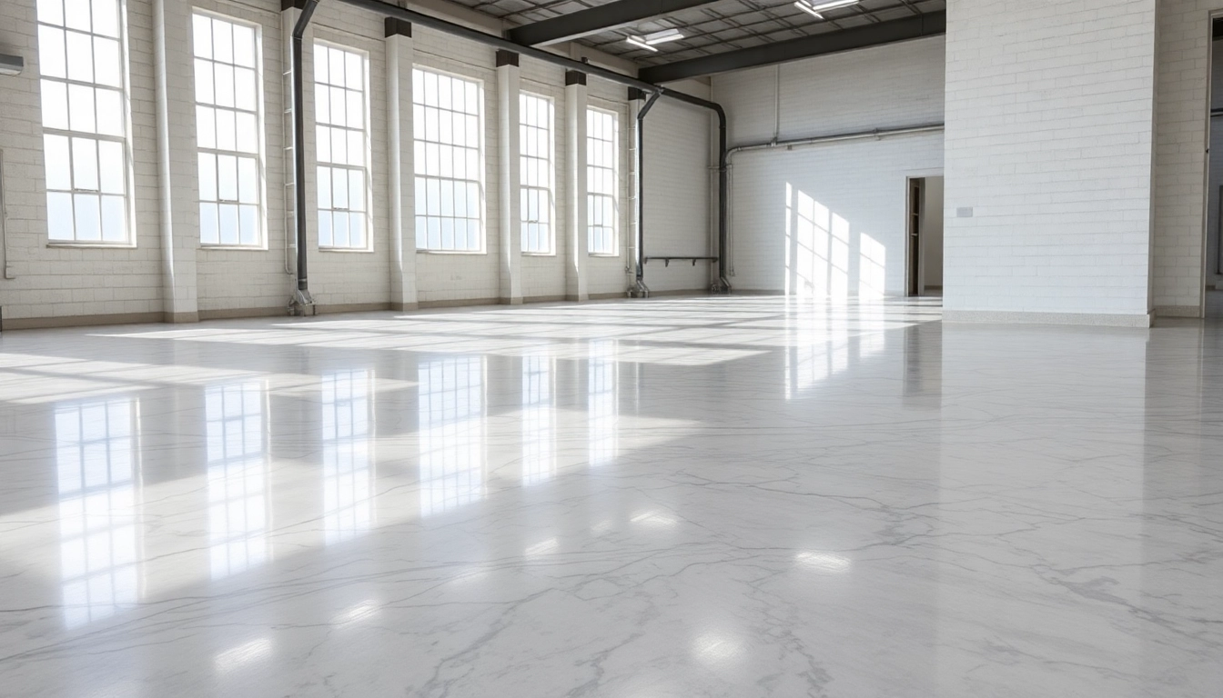 Professional installing epoxy resin floor with a polished marble effect in a bright industrial